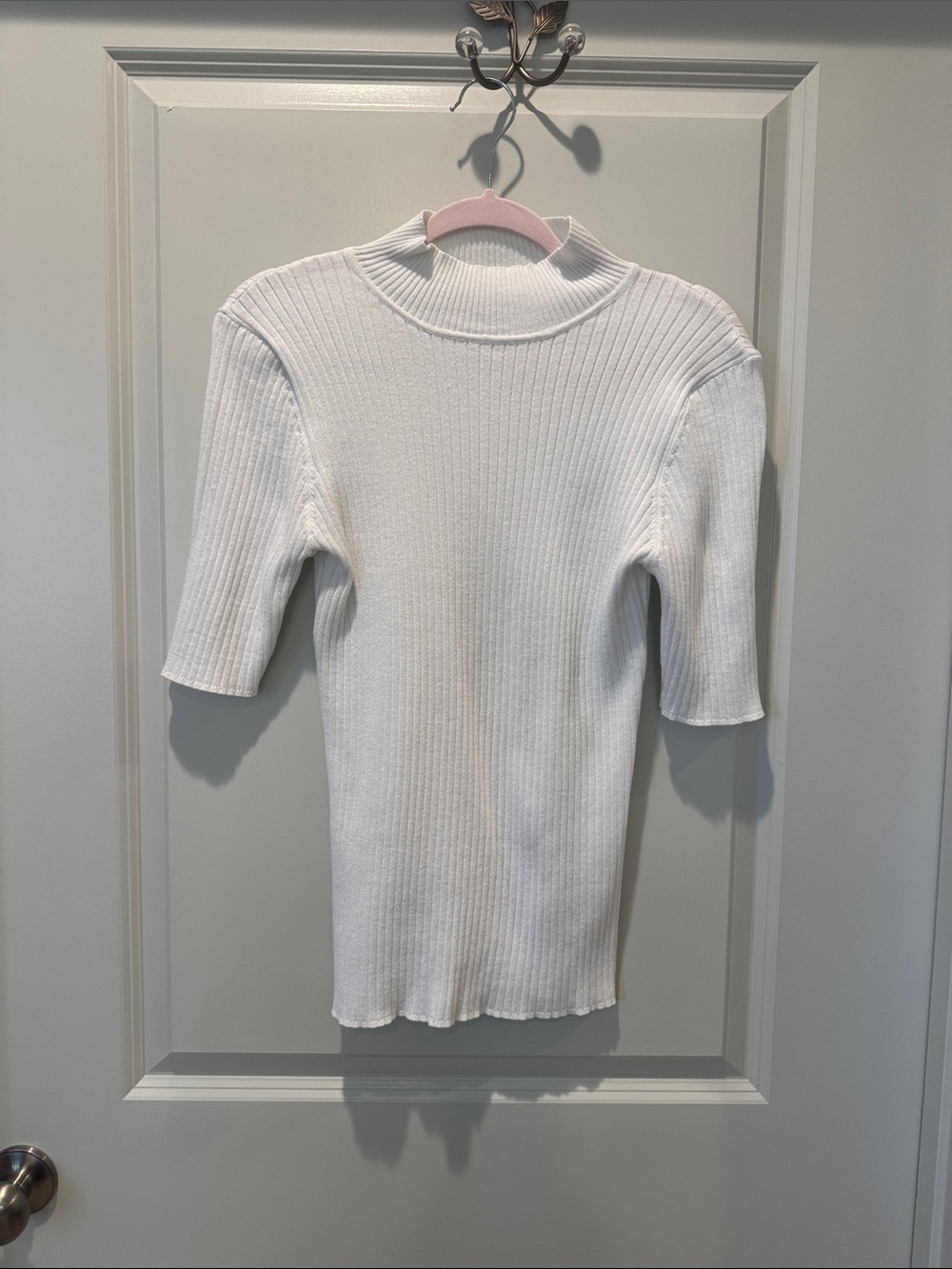 Classic White Ribbed Mock-Neck Short Sleeve Top